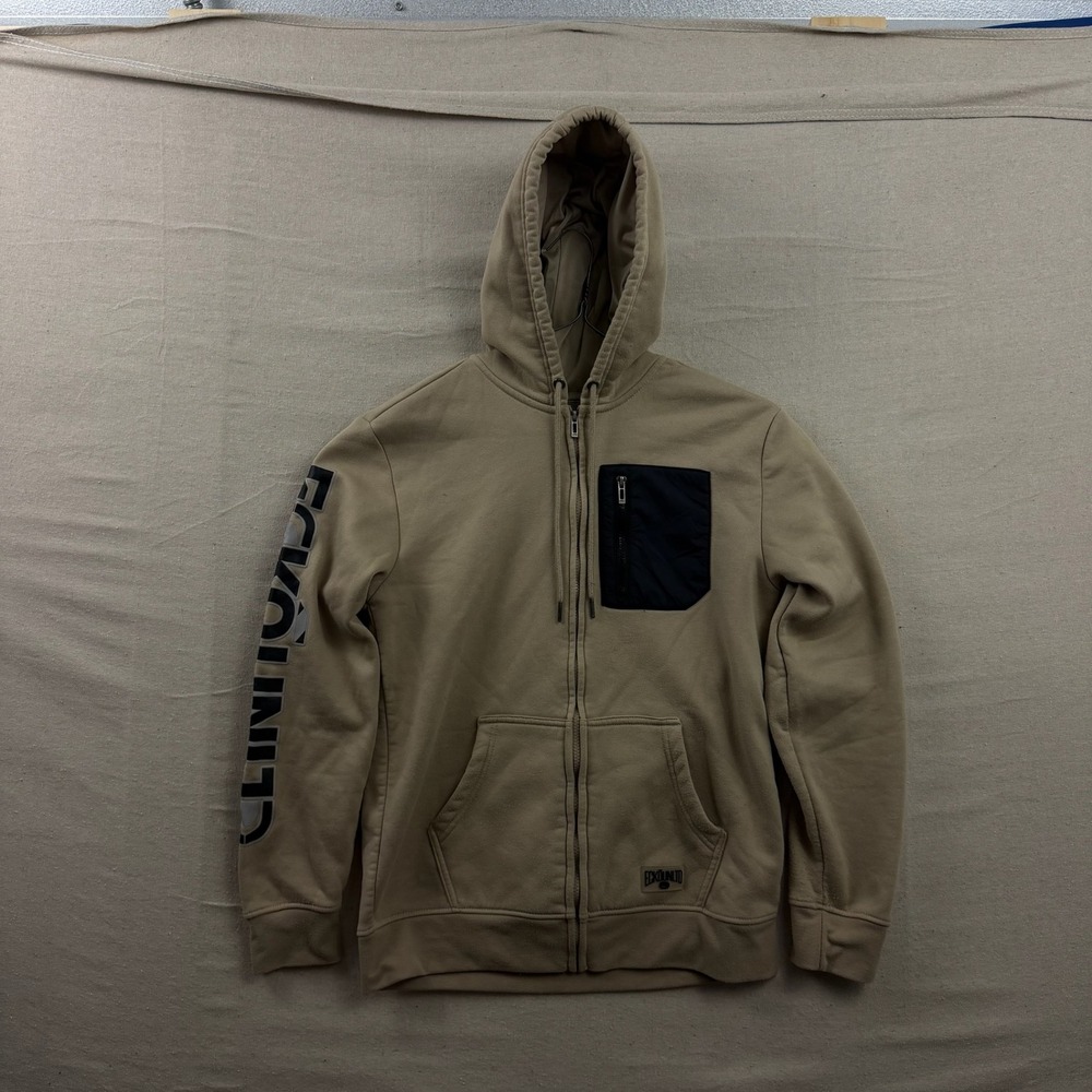 Ecko‎ Unltd Full Zip Hoodie Mens Medium Tan Graphic Sleeve Utility Pocket Hooded